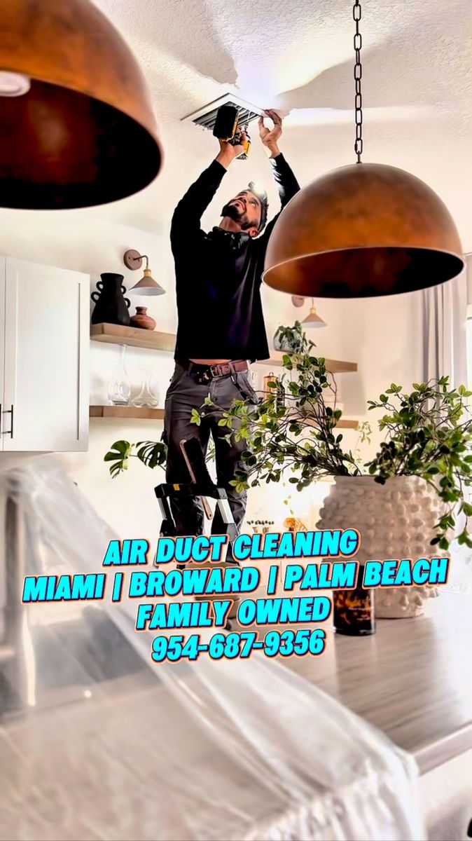 Fair Air Solutions technician cleaning a ceiling air duct in a South Florida home